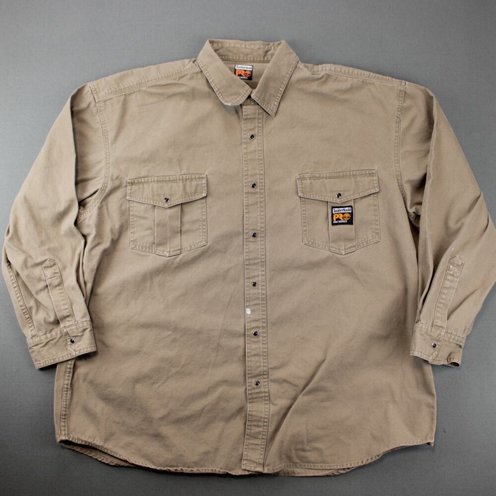 Timberland Pro Button Down Shirt Mens 2XL Tan Cotton